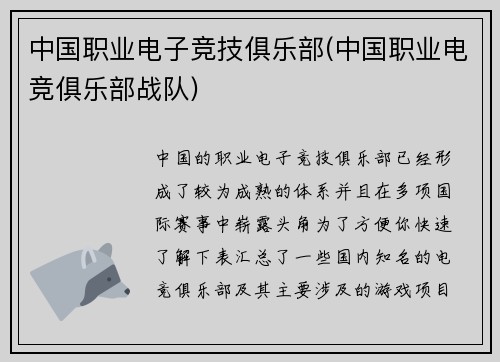 中国职业电子竞技俱乐部(中国职业电竞俱乐部战队)